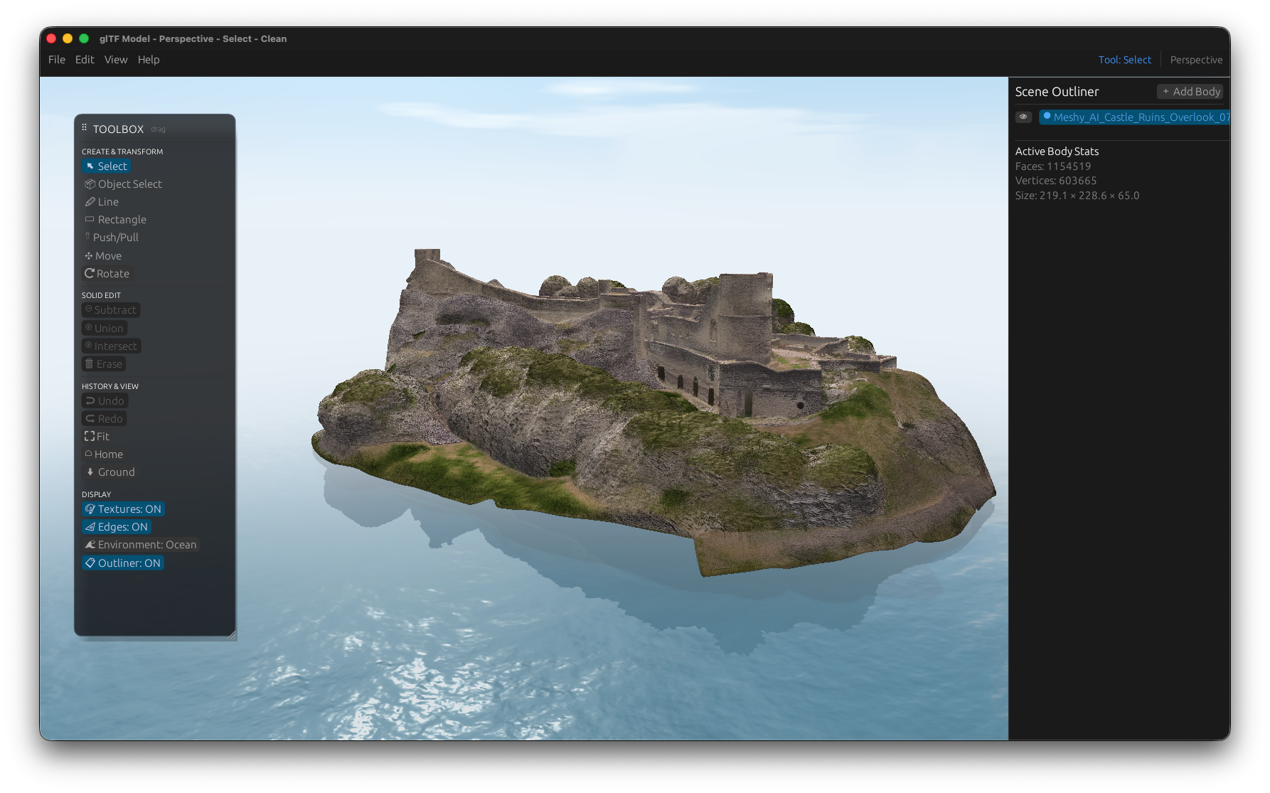 Forma Studio showing a large textured castle-ruins island in the Ocean environment