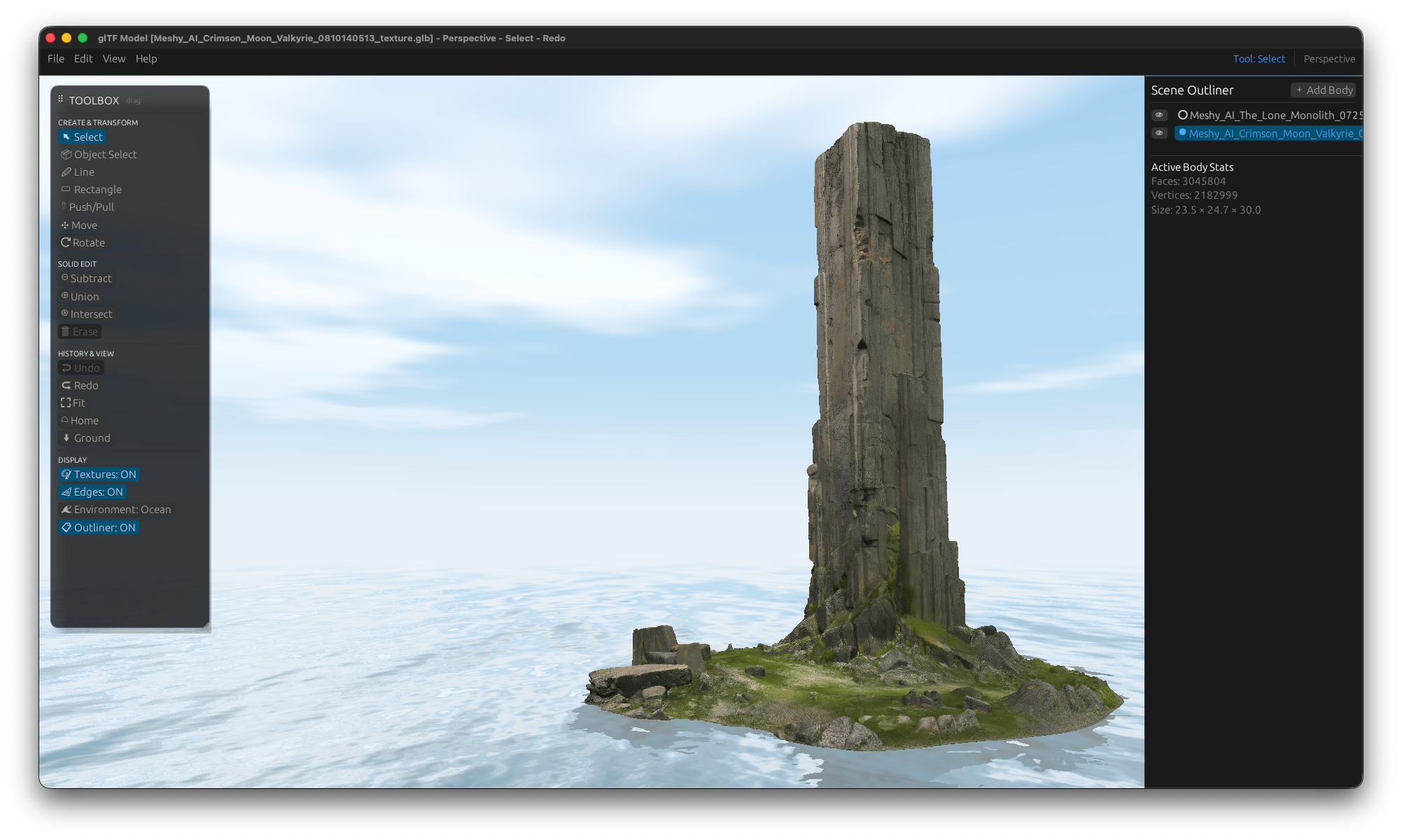 Forma Studio Viewport mit importiertem glTF-Modell und Ocean-Environment